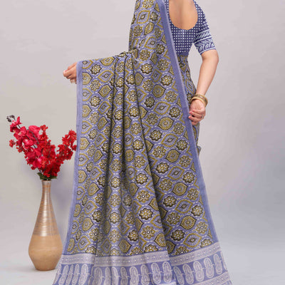 Light Lavender Ajrakh Printed Cotton Blend Saree