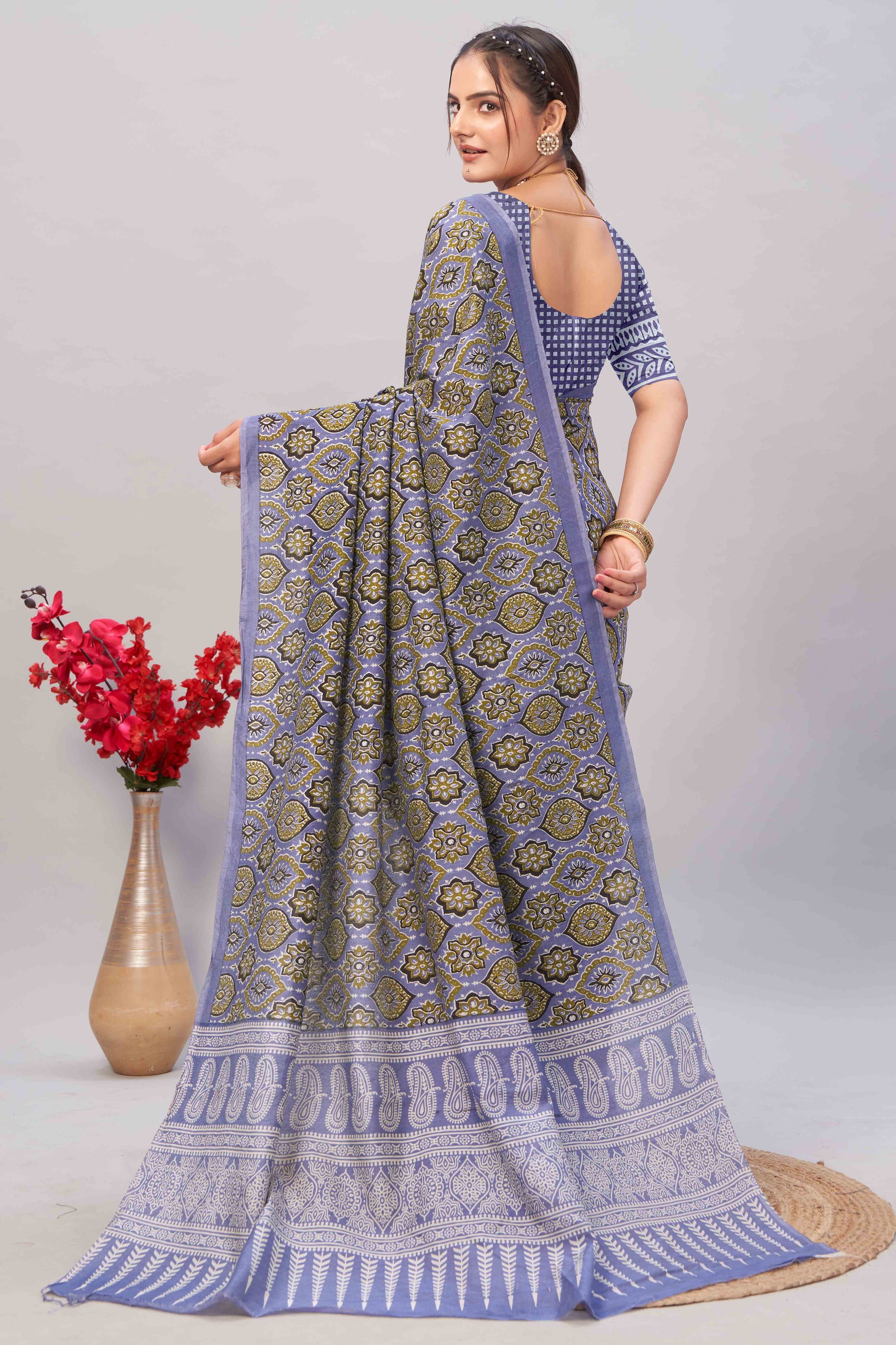 Light Lavender Ajrakh Printed Cotton Blend Saree