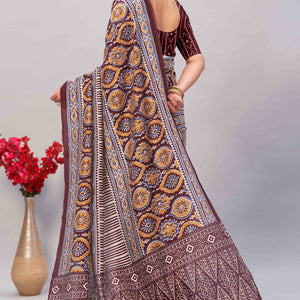 Dark Maroon Ajrakh Printed Cotton Blend Saree