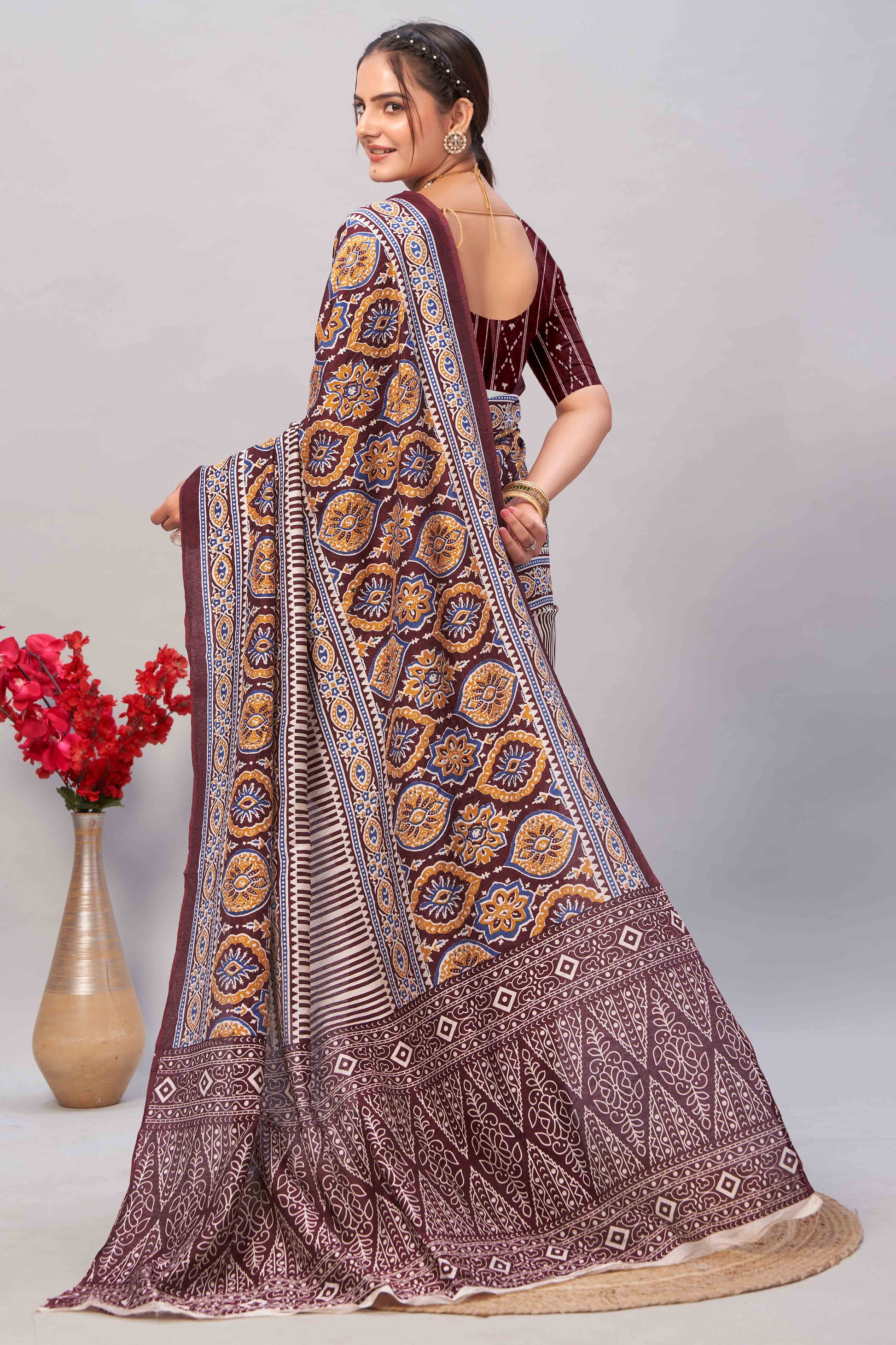 Dark Maroon Ajrakh Printed Cotton Blend Saree