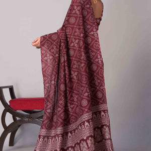 Dark Maroon Ajrakh Printed Cotton Blend Saree