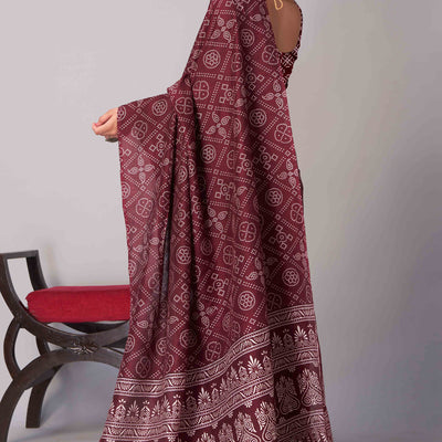 Dark Maroon Ajrakh Printed Cotton Blend Saree