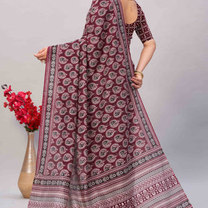 Dark Maroon Ajrakh Printed Cotton Blend Saree