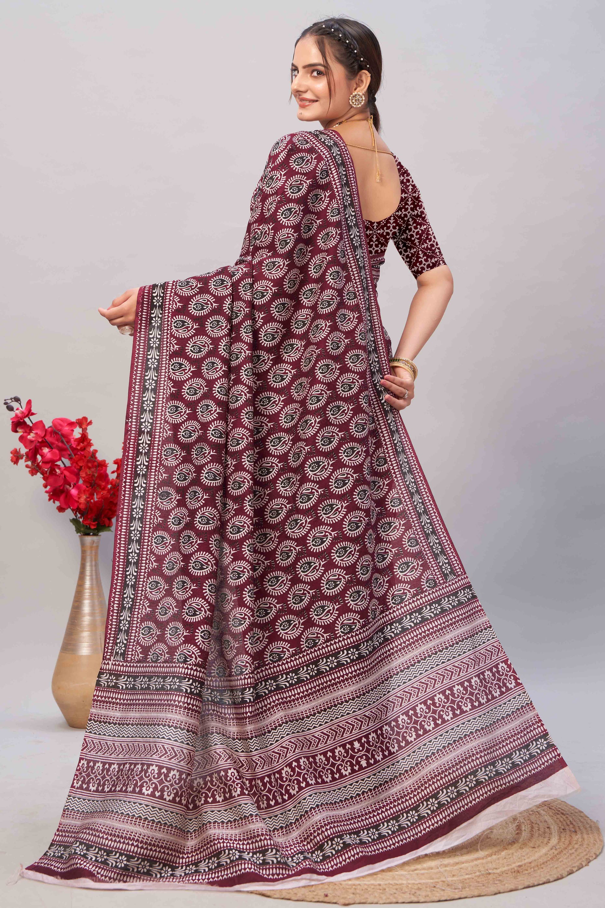 Dark Maroon Ajrakh Printed Cotton Blend Saree
