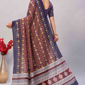 Maroon & Blue Ajrakh Printed Cotton Blend Saree