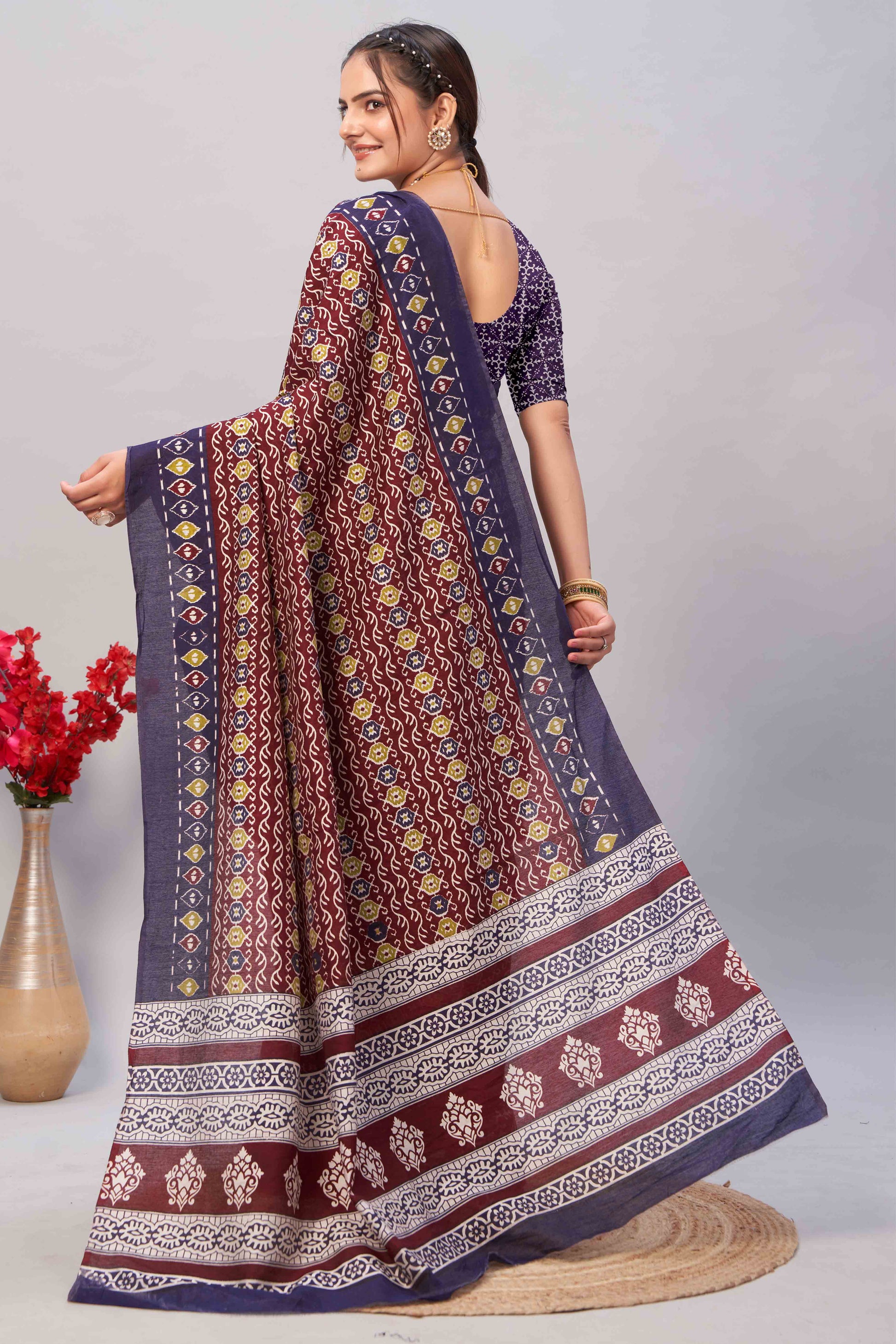 Maroon & Blue Ajrakh Printed Cotton Blend Saree