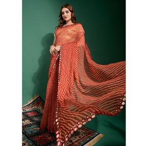 Maroon Leheriya Printed With Embroidered Border Chiffon Saree