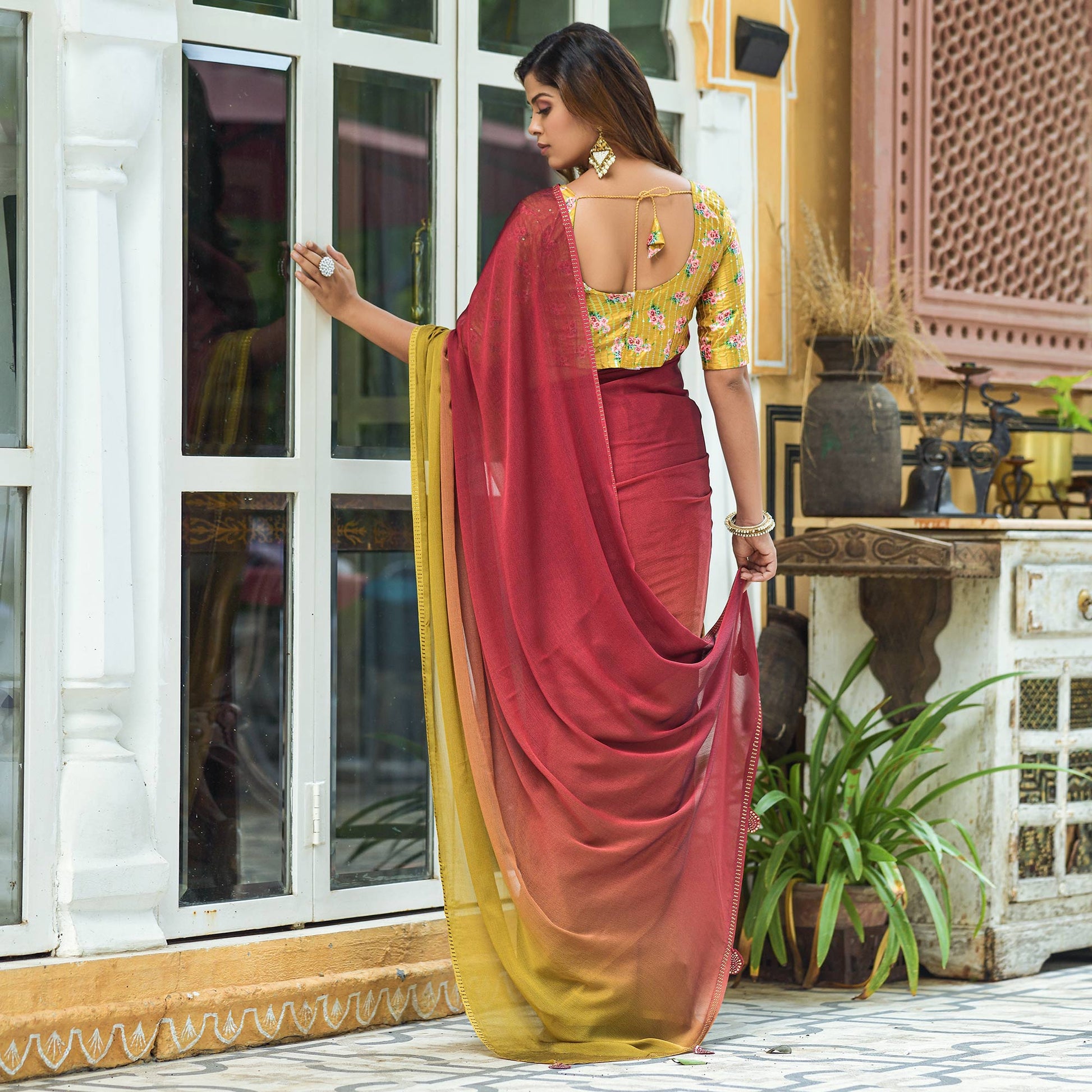 Maroon & Yellow Solid Chiffon Saree With Tassels