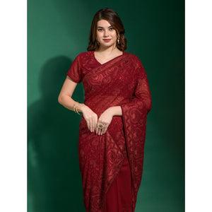 Maroon Floral Embroidered Georgette Saree