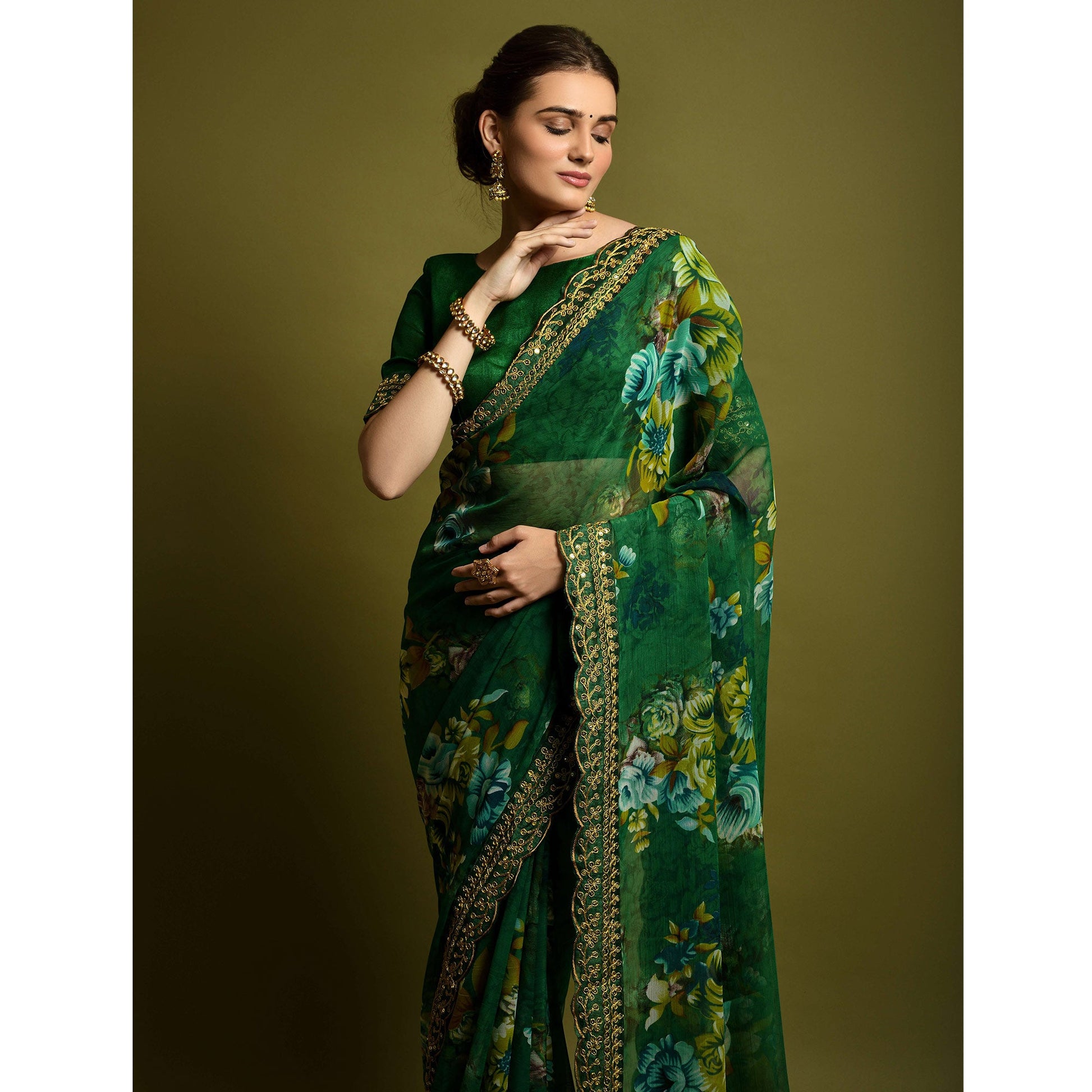 green-floral-printed-georgette-saree-with-embroidered-border