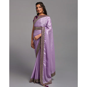 Light Purple Foil Printed With Embroidered Border Chinon Saree