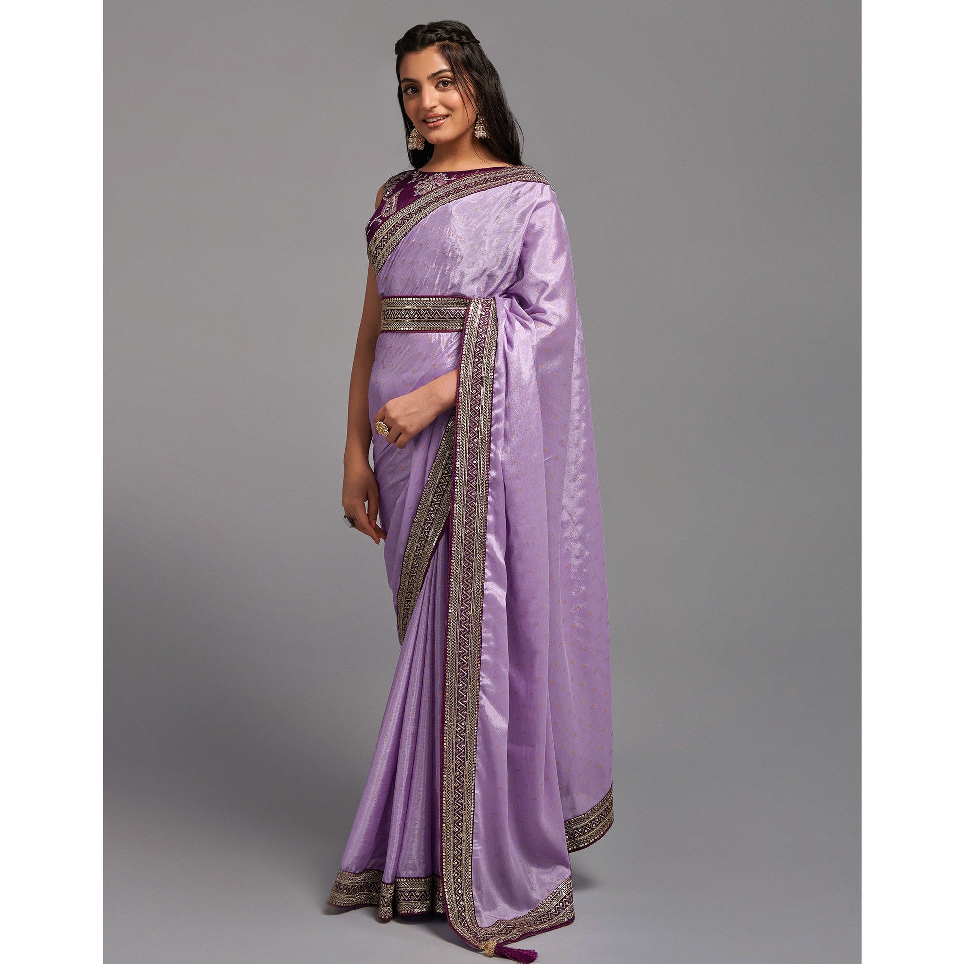 Light Purple Foil Printed With Embroidered Border Chinon Saree
