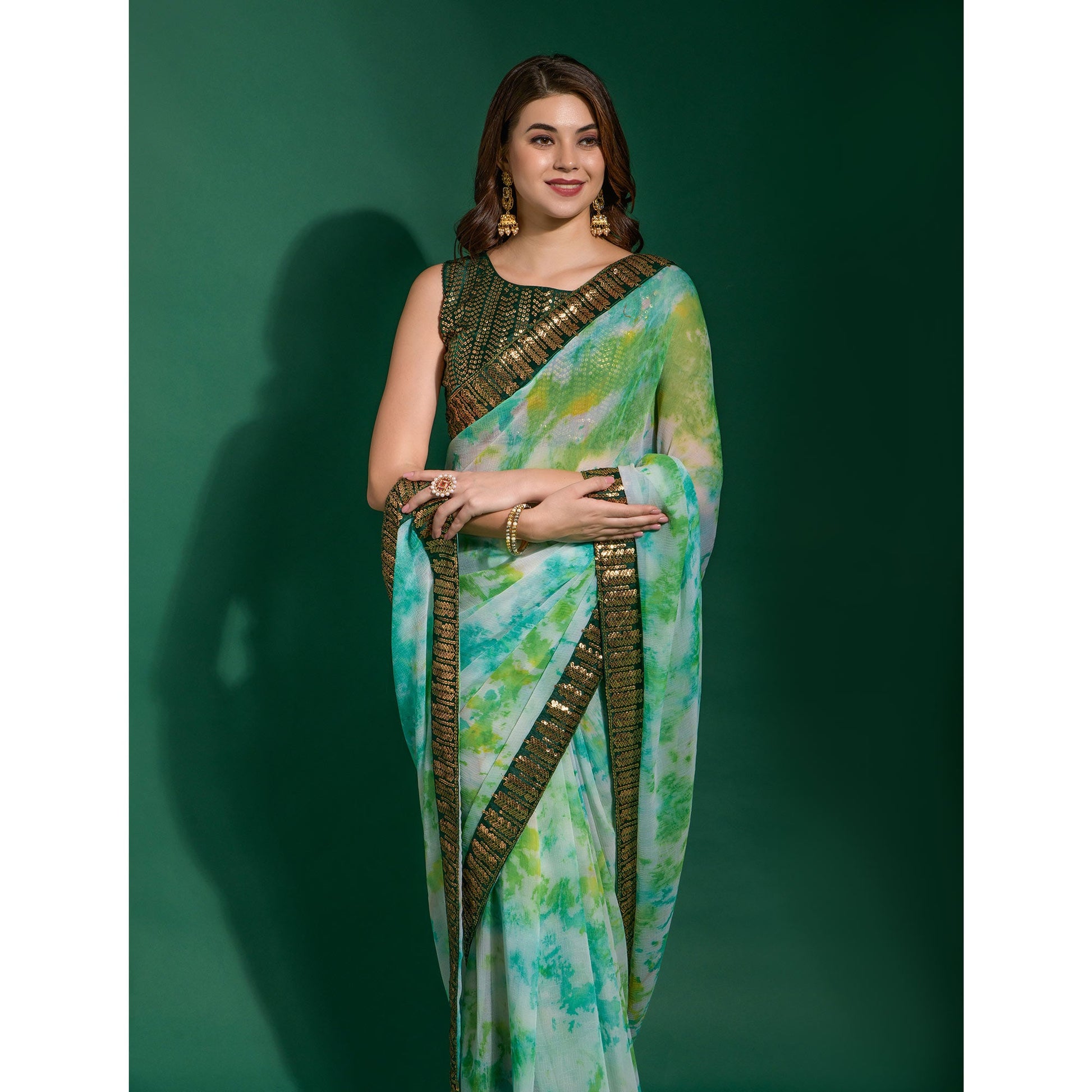 green-printed-with-sequins-border-chiffon-saree