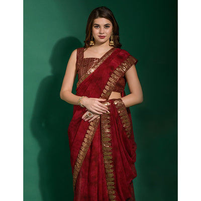 Maroon Printed With Sequins Border Chiffon Saree