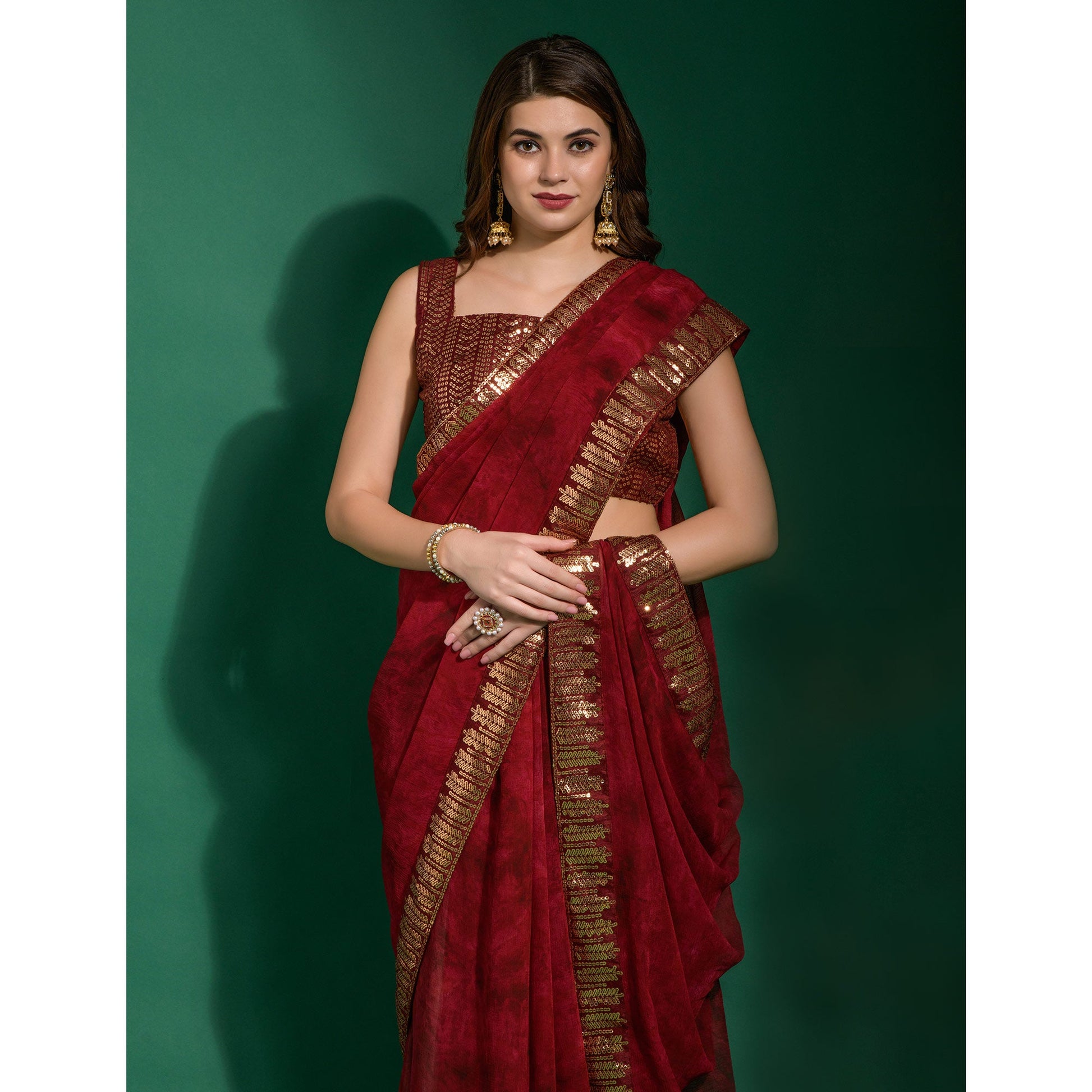 Maroon Printed With Sequins Border Chiffon Saree