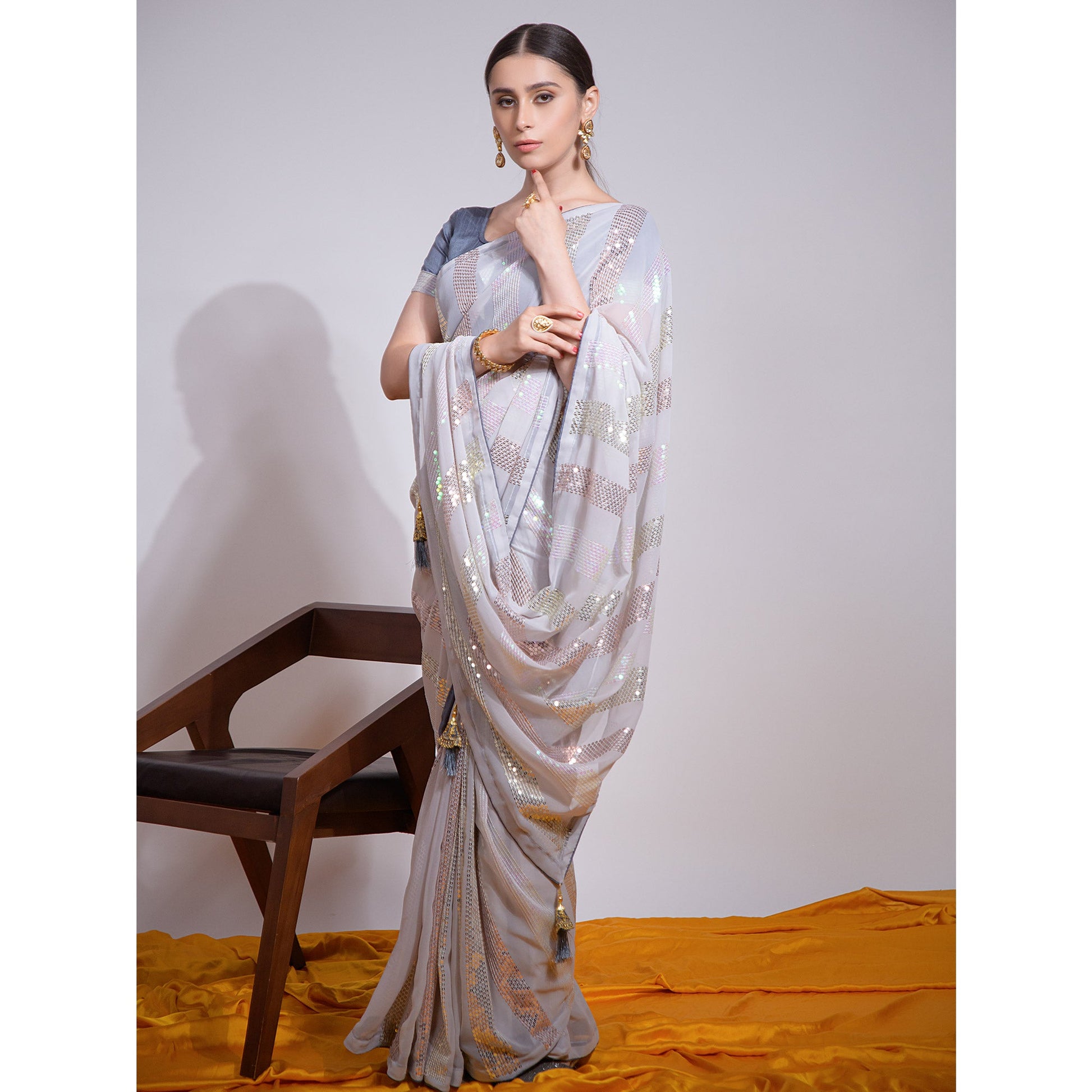 Grey Sequins Embroidered Georgette Saree