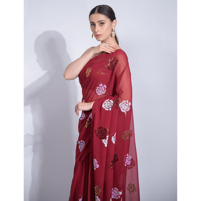 Maroon Sequins Embroidered Georgette Saree