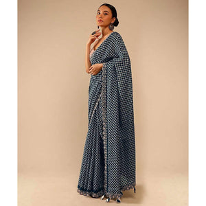 Grey Printed With Embroidered Border Chinon Saree