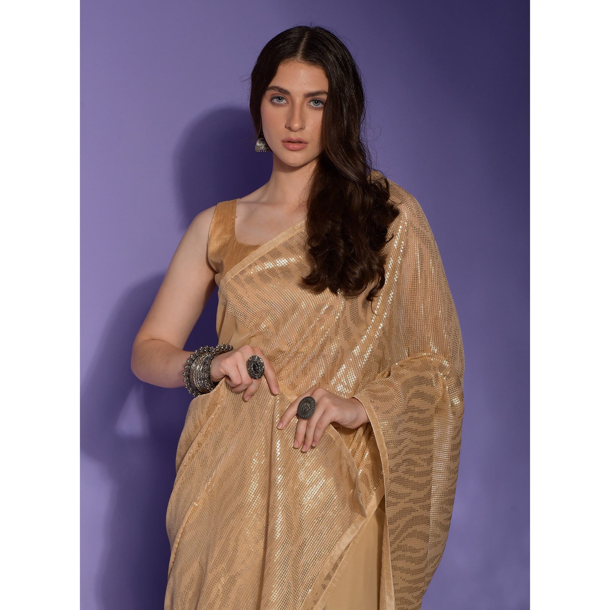 Cream Sequins Embroidered Georgette Saree