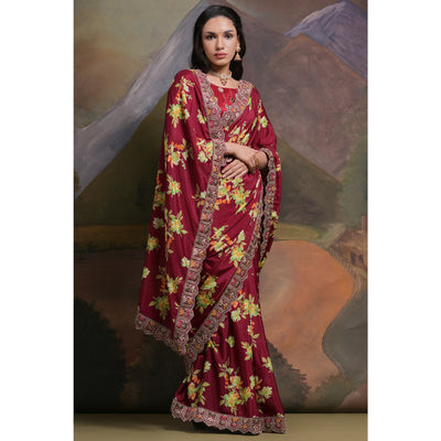 Maroon Floral Printed Chinon Saree With Embroidered Border