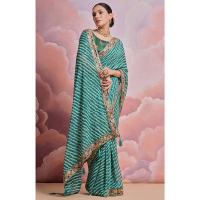 green-leheriya-printed-with-embroidered-border-georgette-saree