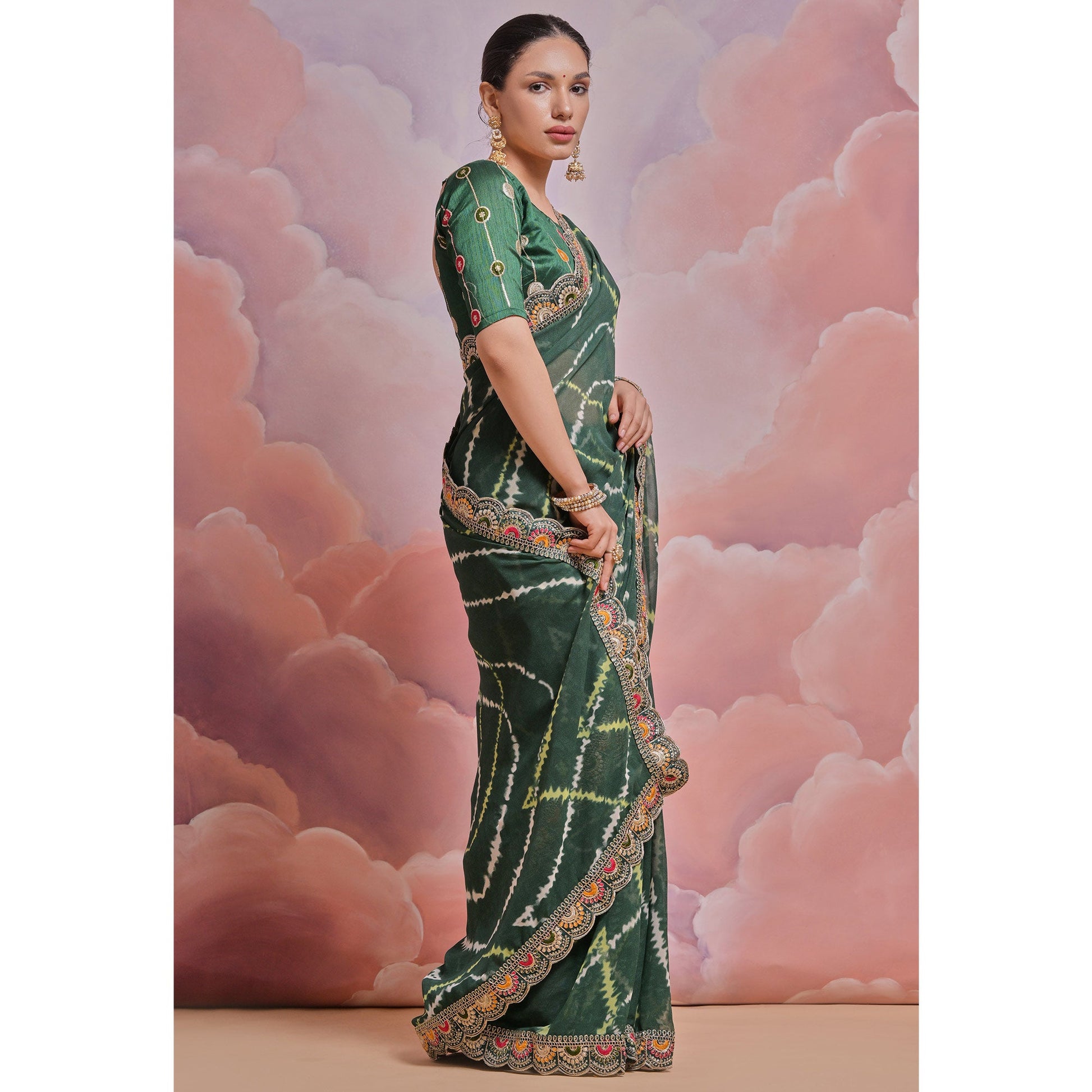 green-printed-with-embroidered-border-georgette-saree