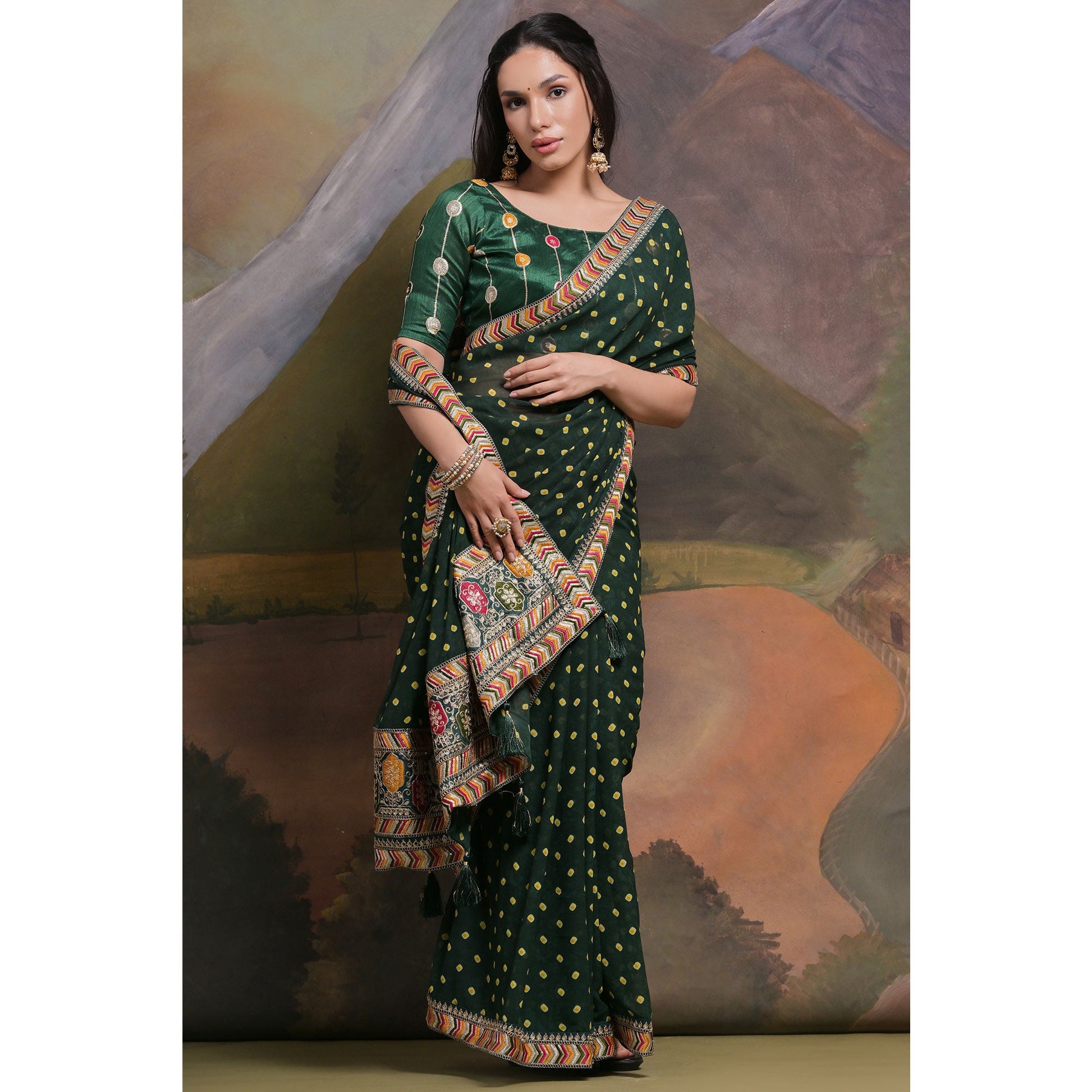 green-bandhej-printed-georgette-saree-with-tassels