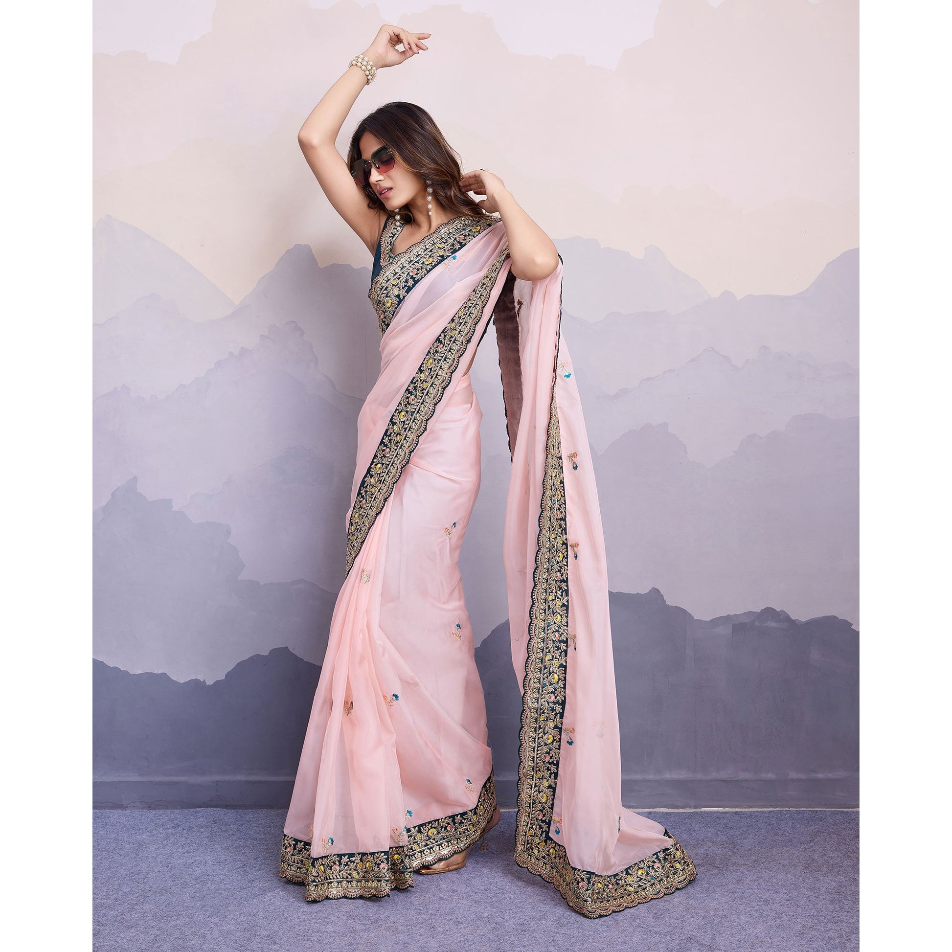 Light Peach Floral Sequins Embroidered Organza Saree With Lace Border