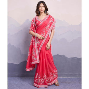Gajari Pink Floral Sequins Embroidered Organza Saree With Lace Border