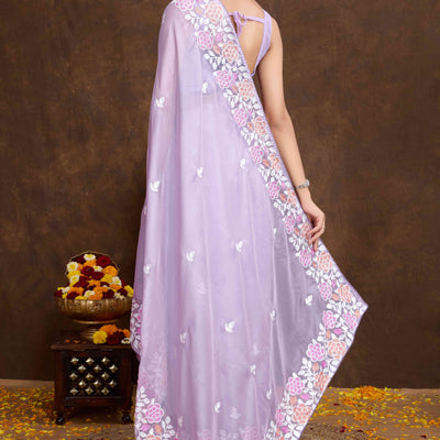 Lavender Floral Sequins Embroidered Organza Silk Saree