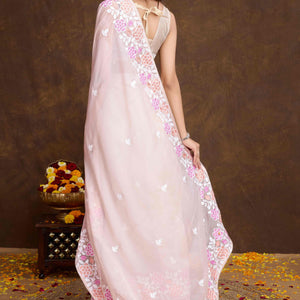 Light Peach Floral Sequins Embroidered Organza Silk Saree