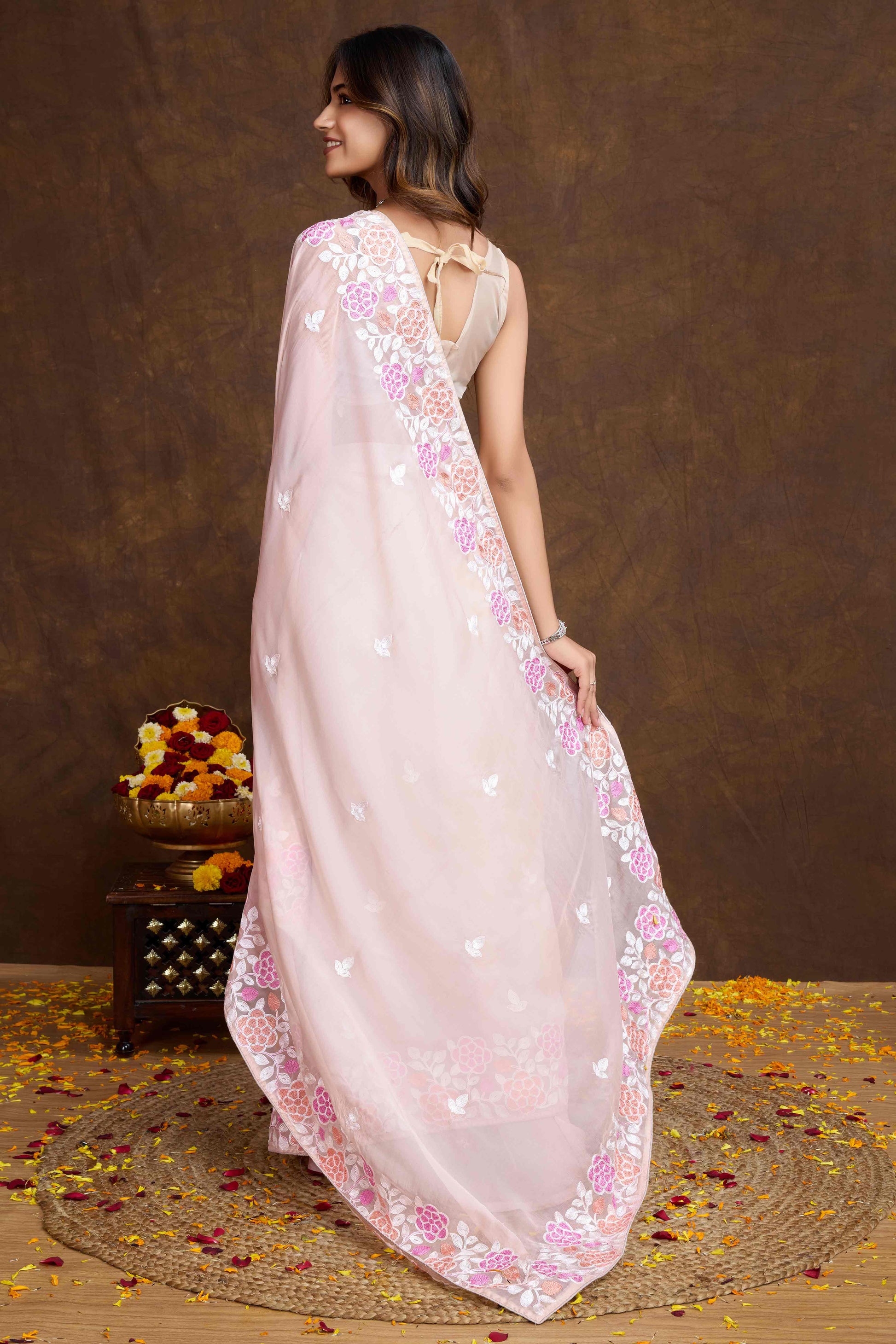Light Peach Floral Sequins Embroidered Organza Silk Saree