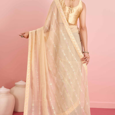 Cream Floral Sequins Embroidered Georgette Saree