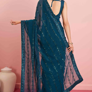 Morpich Floral Sequins Embroidered Georgette Saree