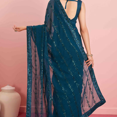 Morpich Floral Sequins Embroidered Georgette Saree