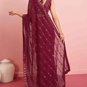 Maroon Floral Sequins Embroidered Georgette Saree