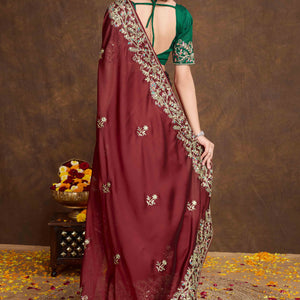 Maroon Floral Sequins Embroidered Vichitra Rangoli Silk Saree