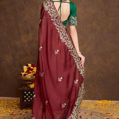 Maroon Floral Sequins Embroidered Vichitra Rangoli Silk Saree