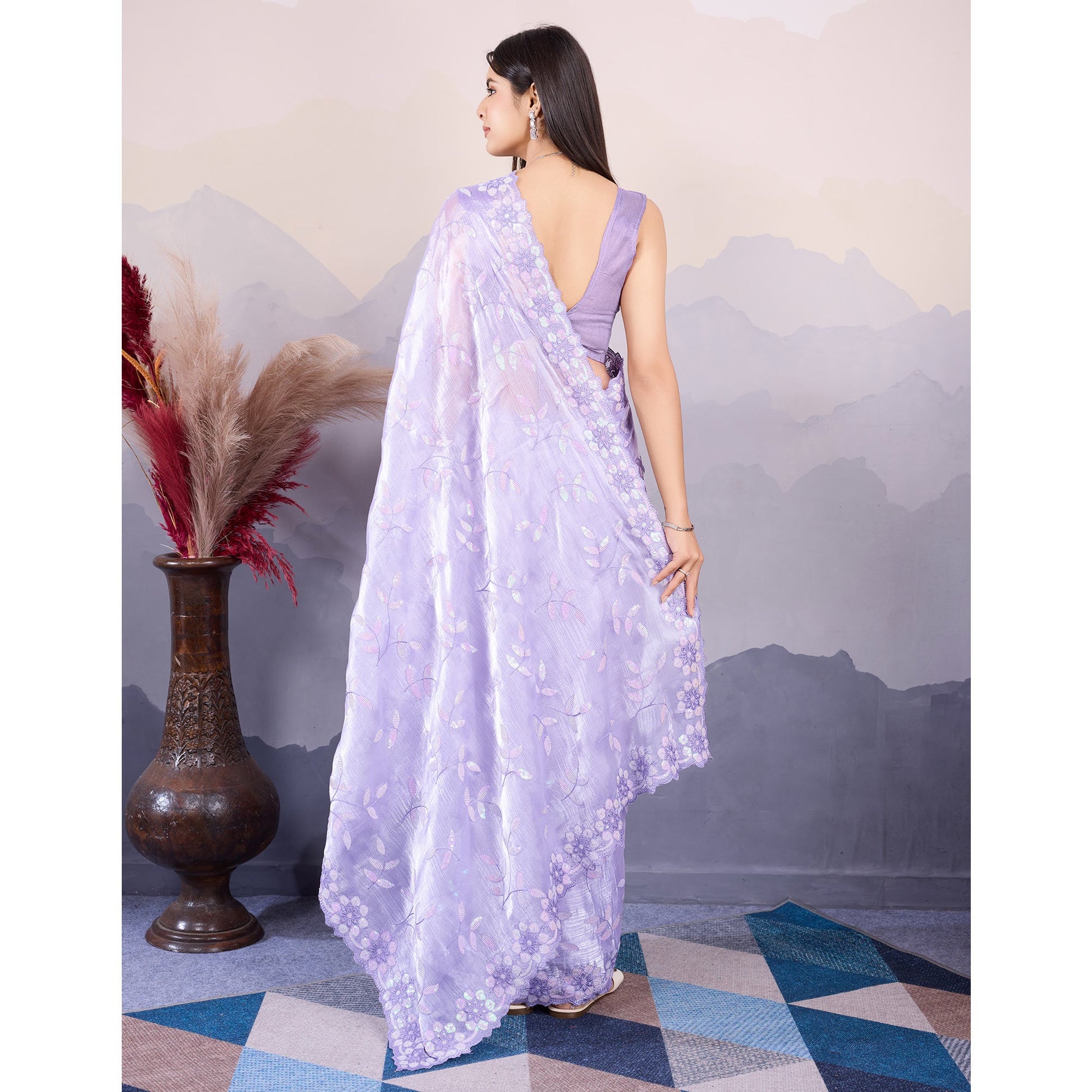 Lavender Sequins Embroidered Art Silk Saree
