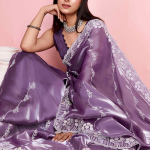 Lavender Floral Sequins Embroidered Jimmy Choo Tissue Saree