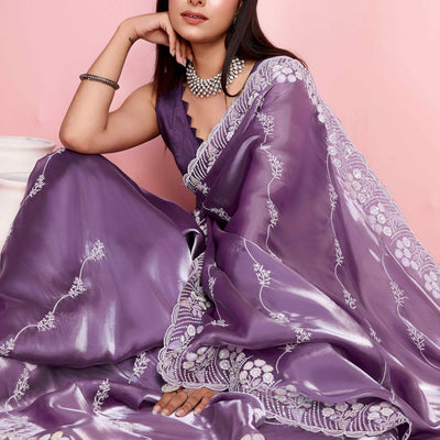 Lavender Floral Sequins Embroidered Jimmy Choo Tissue Saree