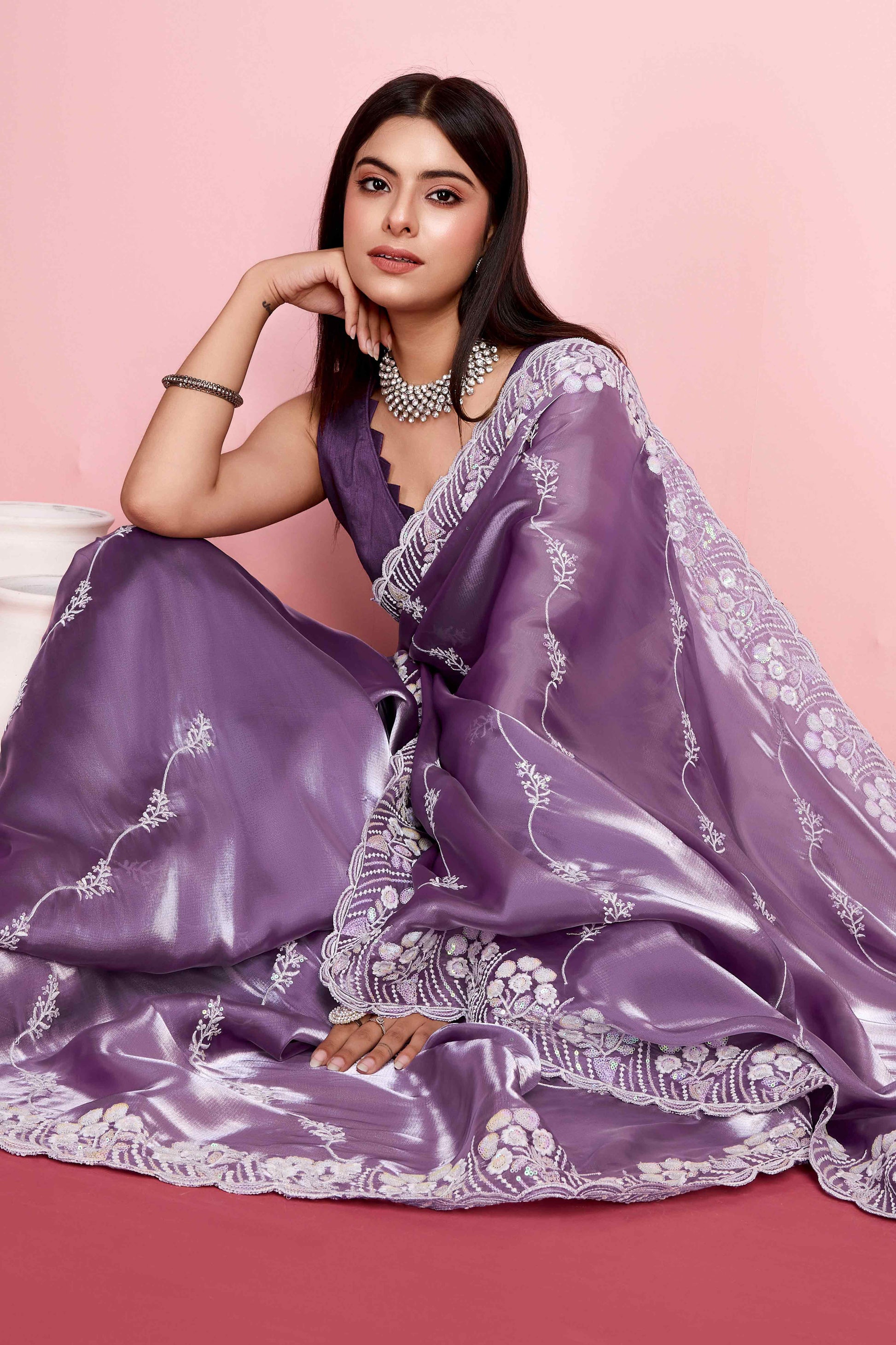 Lavender Floral Sequins Embroidered Jimmy Choo Tissue Saree