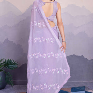 Light Purple Floral Sequins Embroidered Chiffon Saree