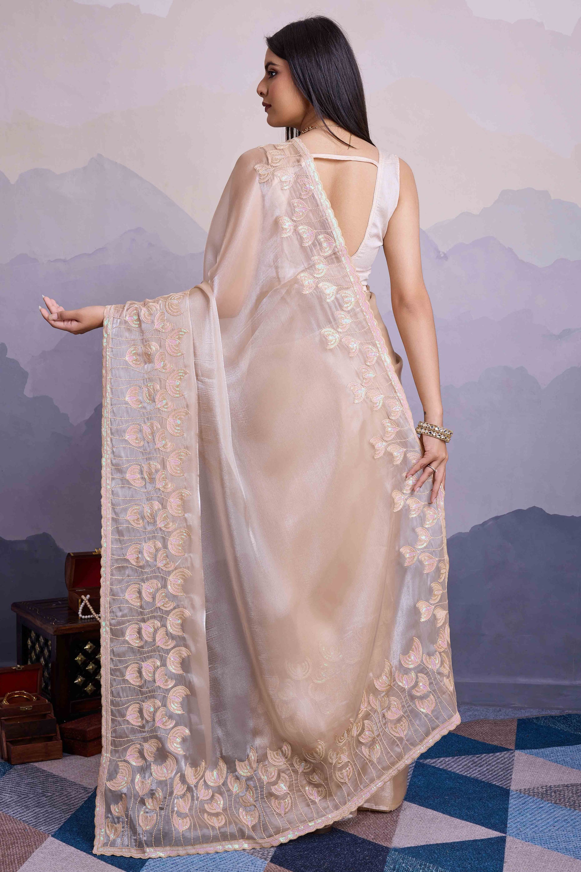 Cream Floral Sequins Embroidered Jimmi Choo Zoya Silk Saree