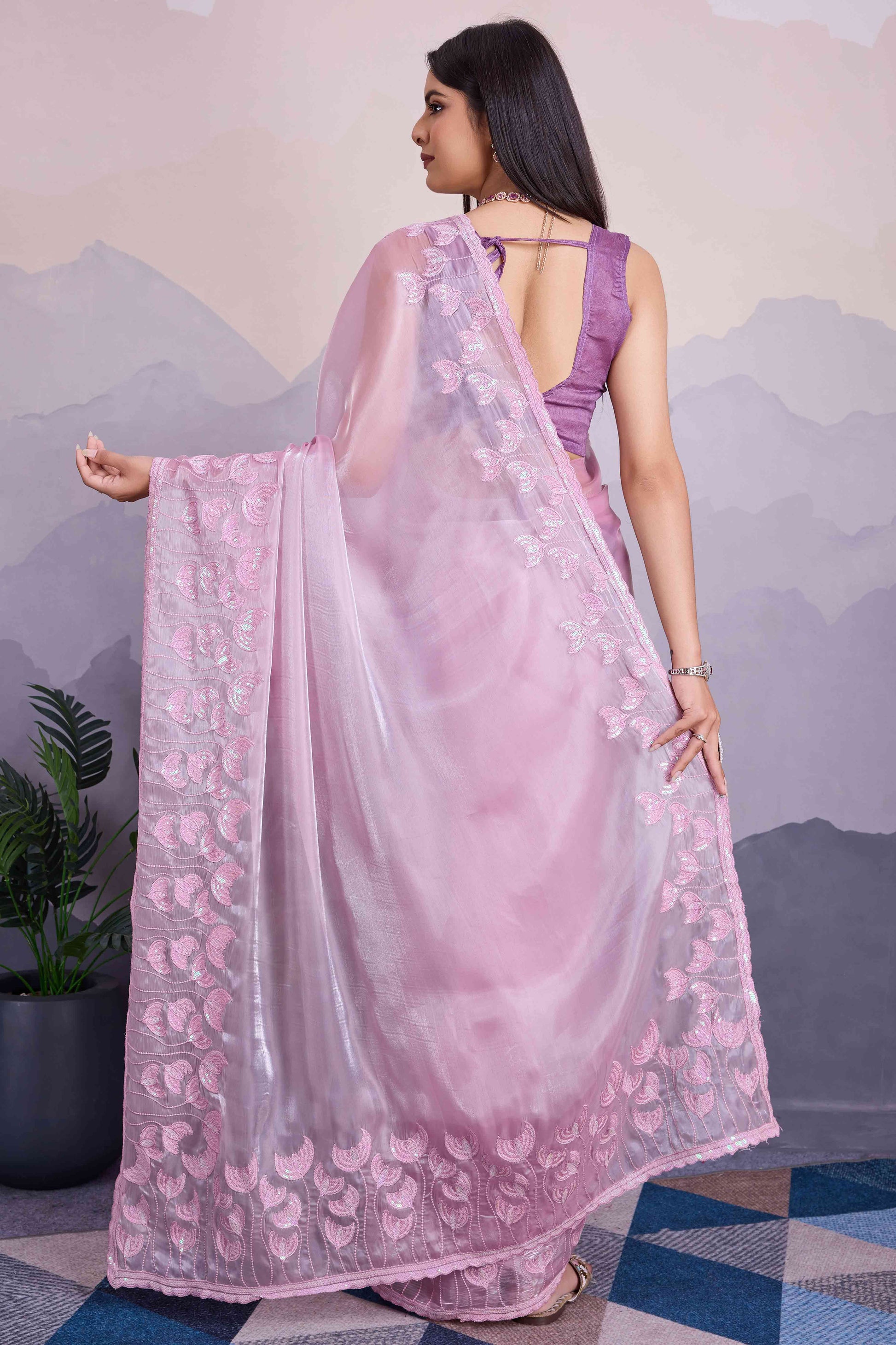 Light Purple Floral Sequins Embroidered Jimmi Choo Zoya Silk Saree