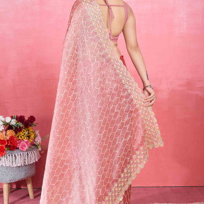 Gajari Pink Floral Sequins Embroidered Mulberry Silk Saree