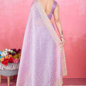Lavender Floral Sequins Embroidered Mulberry Silk Saree