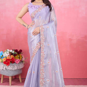 Lavender Floral Sequins Embroidered Mulberry Silk Saree
