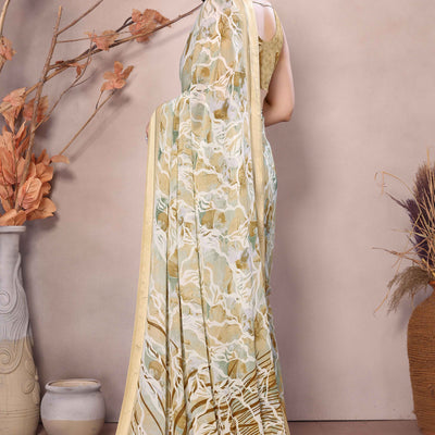 Dark Mustard Floral Printed Moss Art Silk Saree