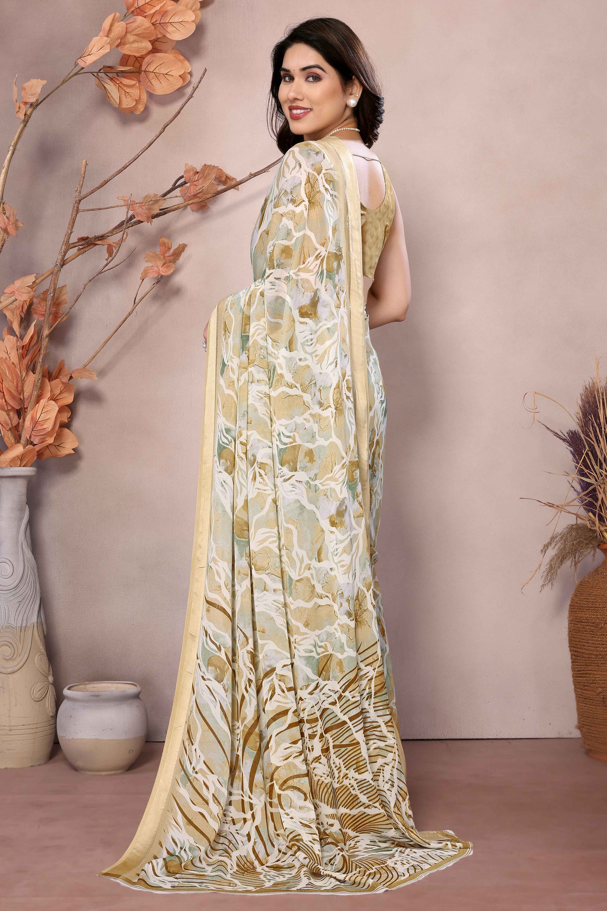 Dark Mustard Floral Printed Moss Art Silk Saree